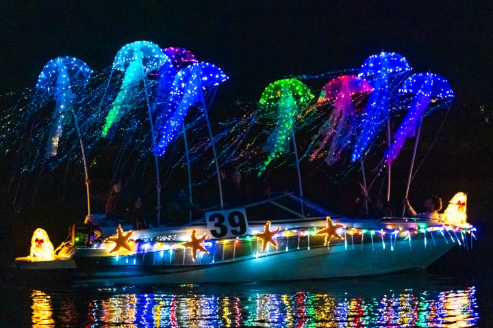 a boat that is lit up at night