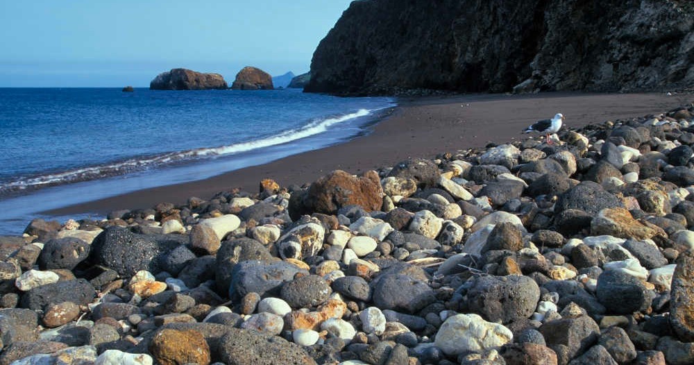 a rocky beach next to a body of water