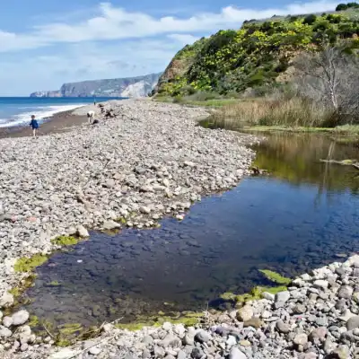 a rocky beach next to a body of water