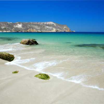 a beach with a surf board on a body of water