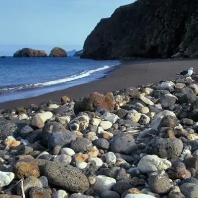 a rocky beach next to a body of water