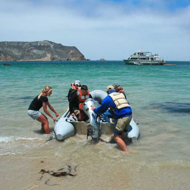 a group of people on a beach near a body of water