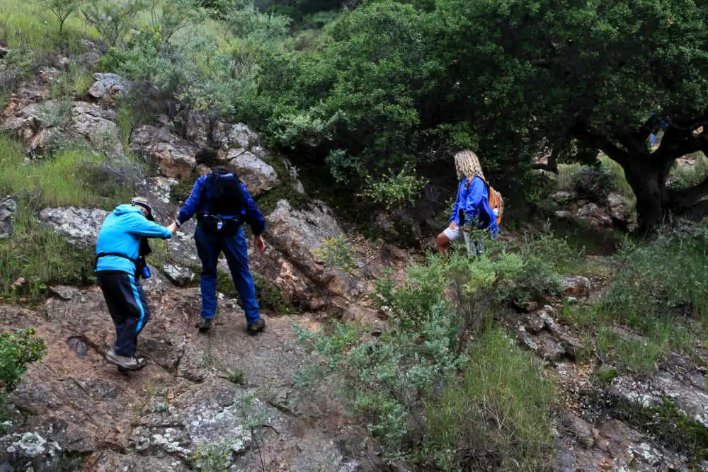 a group of people walking down a dirt trail