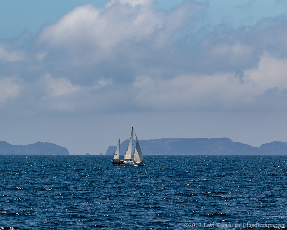 Sailboat on ocean with distant islands and cloudy sky background.
