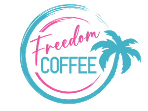 Logo with 'Freedom Coffee' and a palm tree in pink and blue colors.