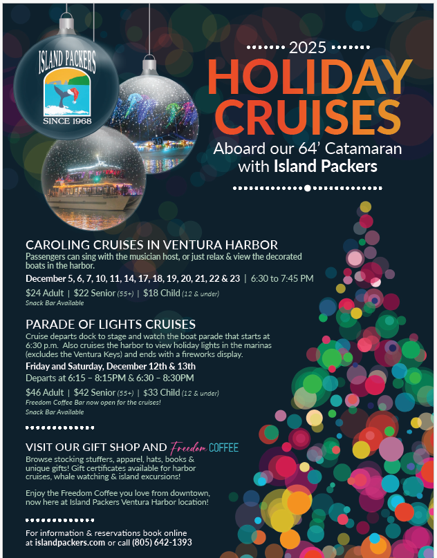 Holiday Cruises 2025 flyer with dates, prices, and cruises info by Island Packers, featuring festive decor.